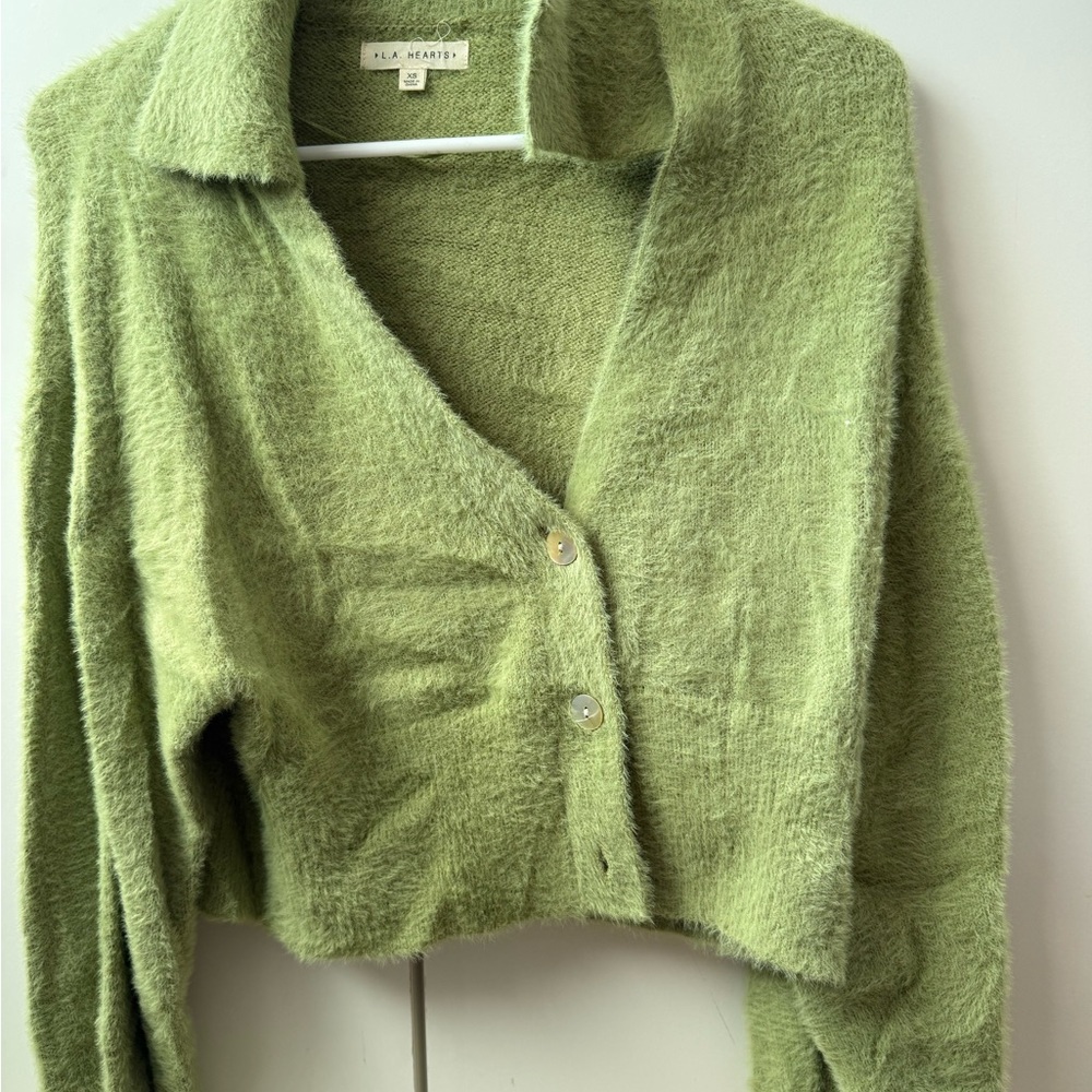 La Hearts Green Fuzzy Cardigan